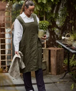 Discount Cross Back Apron Army Green Stonewashed Linen Aprons