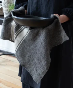 Sale Twill Tea Towel Charcoal with Narrow Natural Stripes Tea Towels